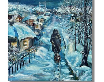 子供たちのいる冬の風景 オリジナルの油絵 そり ロシアの風景 印象派の