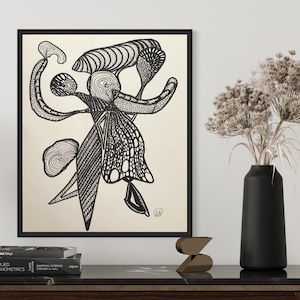 Dibujo geométrico abstracto: figuras danzantes en negro y dorado con panderetas / Arte enmarcado de 30 x 40 sobre cartón / Decoración de pared moderna y alegre