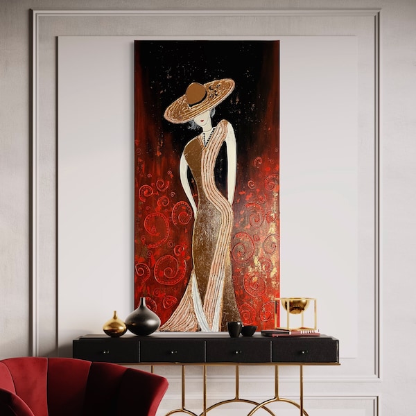 Peinture en relief de texture abstraite verticale peinte à la main d'une femme - Accents rouges et dorés pour un décor contemporain