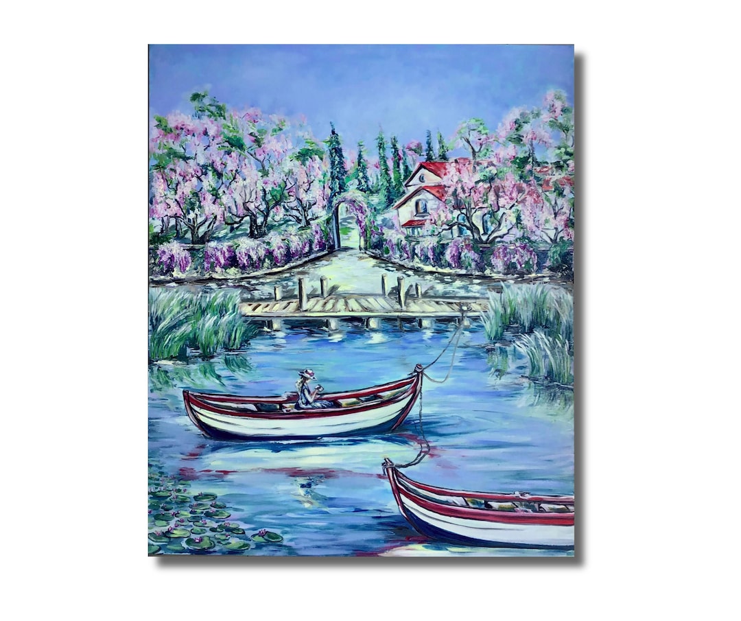 印象派の湖の油絵：ボートに乗った女性、静かな風景（120 x 100 cm