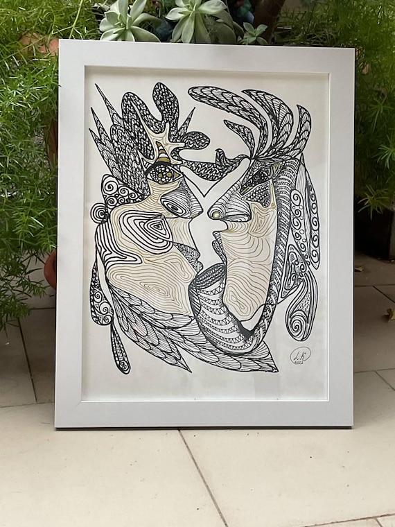 抽象的な顔の絵、黒と金の線画、額装された壁飾り 30 x 40 cm - Etsy 日本