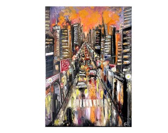 May include: An oil painting of a city street at sunset, featuring tall skyscrapers on both sides, a busy road with cars, and a vibrant orange and purple sky. The scene includes street lamps, a crosswalk, and reflections on the wet pavement.