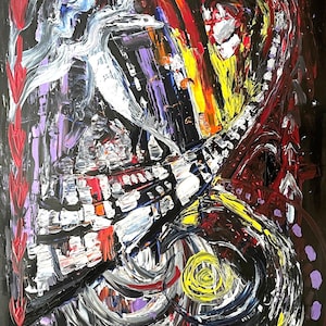 Pintura expressionista abstrata dinâmica – Acrílico espiralado e ousado sobre preto | Arte de parede para loft | Vermelho, amarelo, roxo | 72 x 100 cm