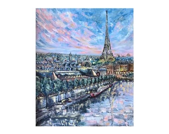 Dipinto Parigi Torre Eiffel a olio | Quadro impressionista 120x100 cm | Arte romantica francese su tela dipinta a mano