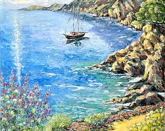 Peinture à l’huile de voilier de paysage marin | Œuvre d’art maritime fabriquée à la main | Toile 120 x 100 cm