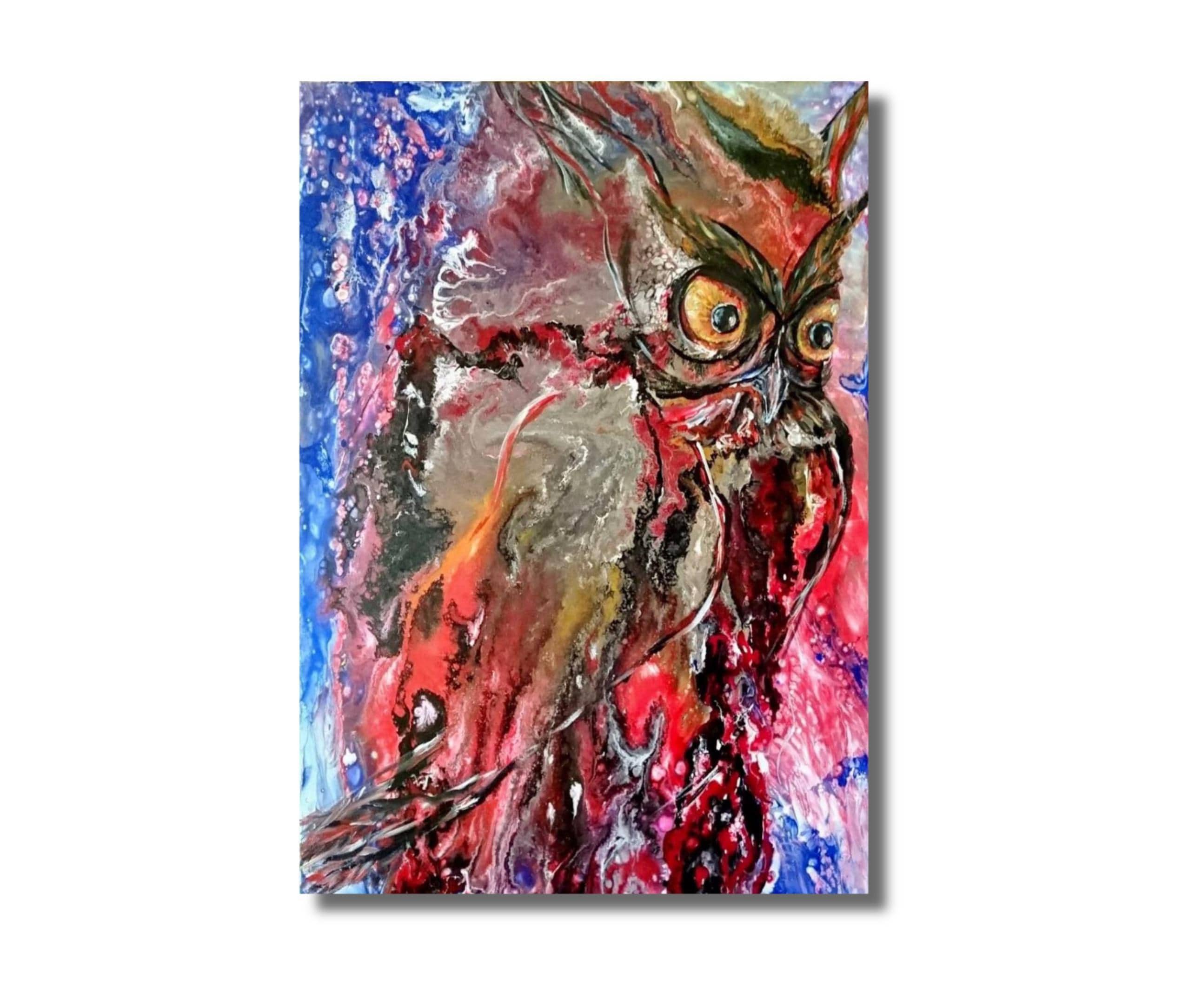 大型でカラフルなフクロウの絵画、抽象アクリル流し込みキャンバス、70