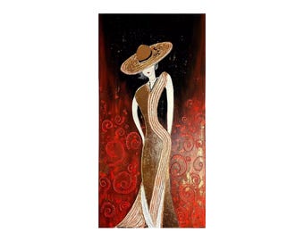 Getextureerde vrouw schilderij: rood zwart bladgoud muurkunst, 100 x 50 cm