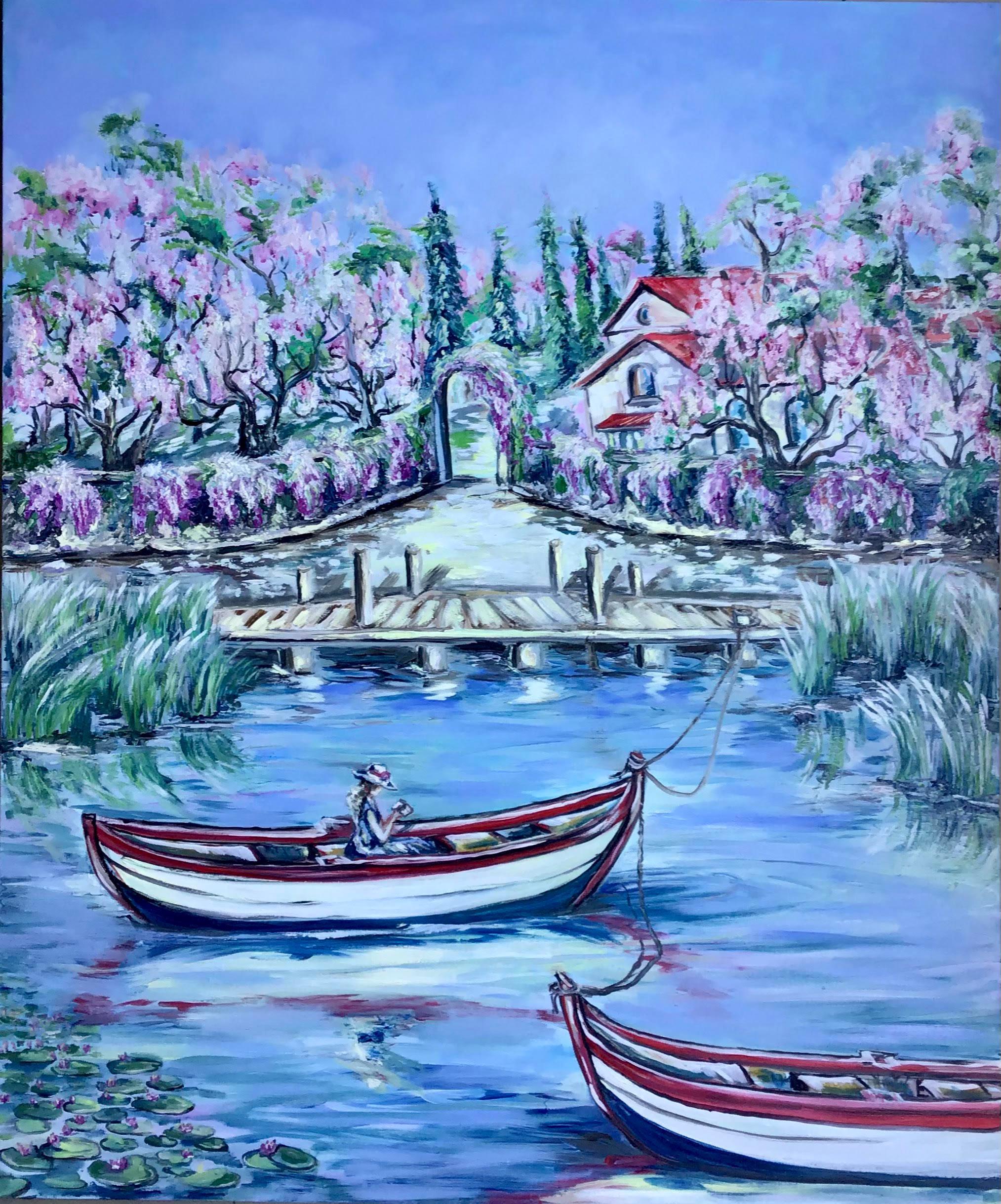 印象派の湖の油絵：ボートに乗った女性、静かな風景（120 x 100 cm