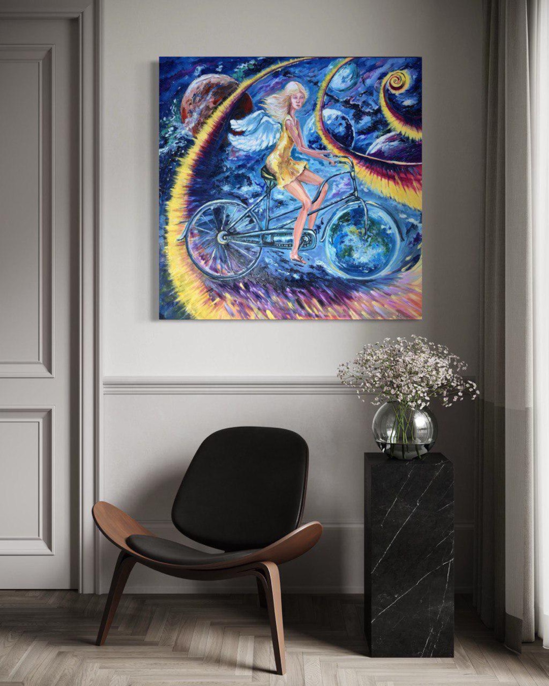 Surreal Oil Painting – Angel on Bicycle Through Space – Cosmic Fantasy ...