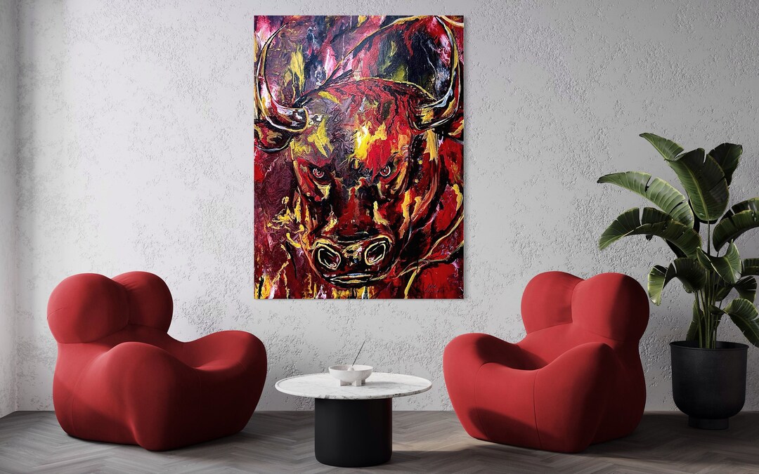 Original Hand Painted Acrylic Red Bull Wall Art Multicolor Etsy