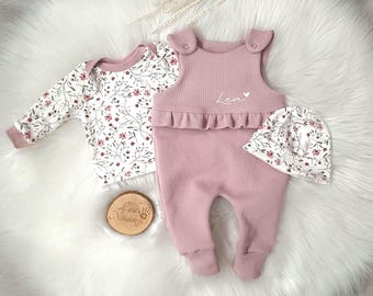 Babyset personalisiert, Strampler mit Shirt/Body und Mütze rosa