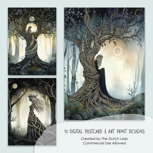 Set di cartoline e stampe artistiche Entangled Tree Dryads, progetti di biglietti stampabili, illustrazioni di foreste mistiche, signore dei boschi, DOWNLOAD IMMEDIATO