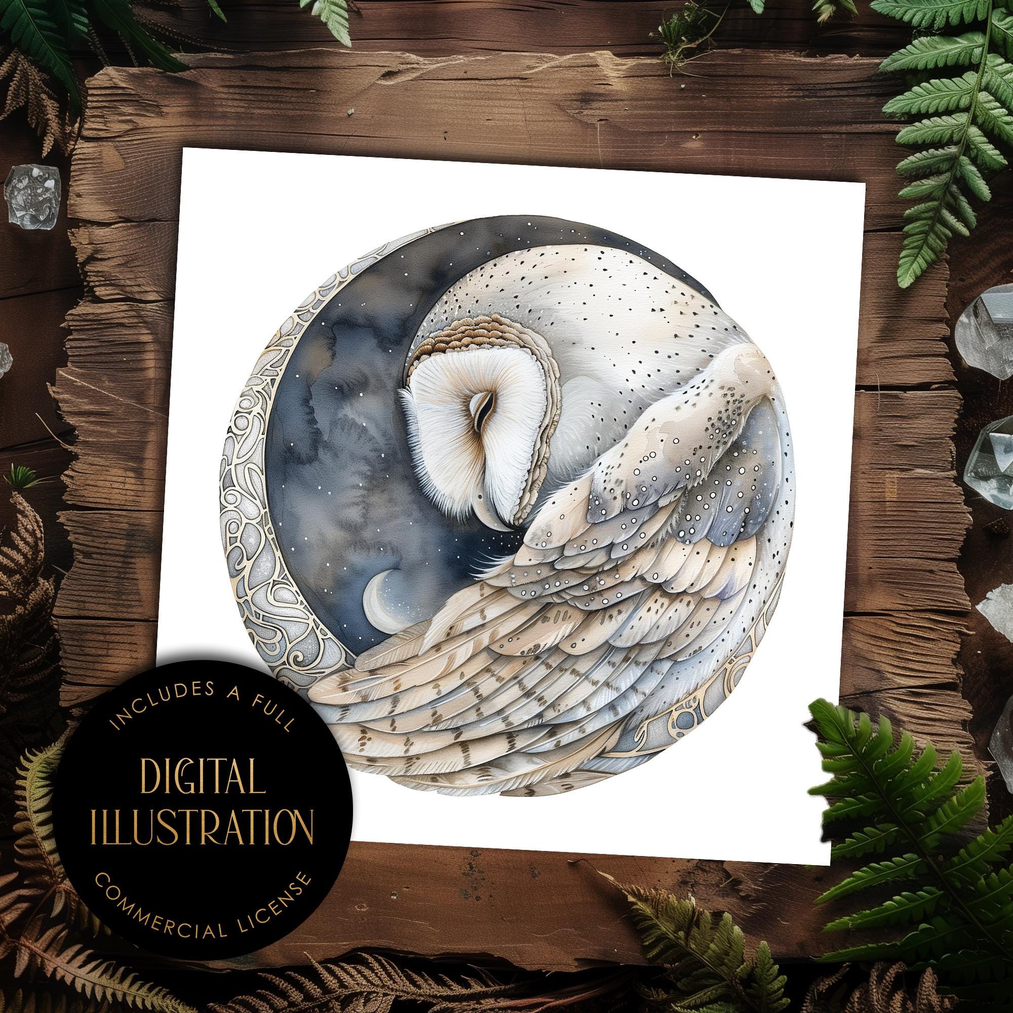 Barn Owl in Moon Circle Illustration: Esoteric Magical Art (Digital Download)