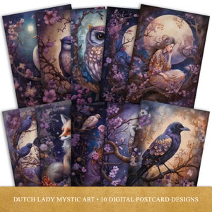 Juego de postales y pósteres de jardín nocturno morado, arte de jardín encantado a la luz de la luna, diseños de tarjetas digitales imprimibles, 10 archivos JPEG, DESCARGA INSTANTÁNEA