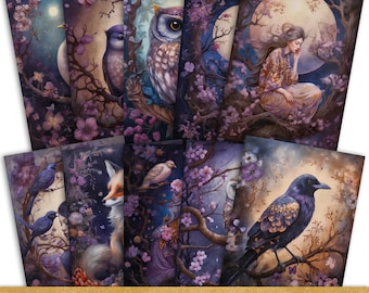 Purple Night Garden Art Prints: Enchanted Moonlight Postcard Set (Digital Download)