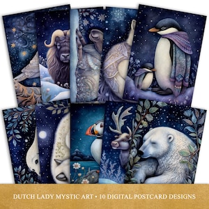Ensemble carte postale et poster animaux du cercle polaire - Art numérique imprimable - nuit mystique au pôle Nord - 10 fichiers JPEG - TÉLÉCHARGEMENT IMMÉDIAT