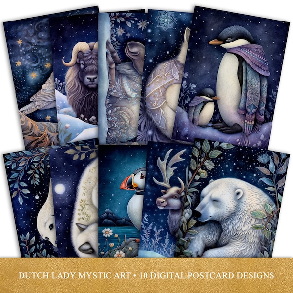 Arctic Circle Animals Postcard and Poster Set - Printable Digital Art - Mystical Nighttime North Pole - 10 .JPEG Files - INSTANT DOWNLOAD