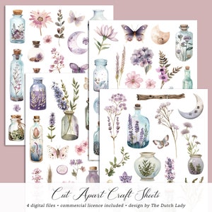Pociones de hierbas hojas cortadas, conjunto de decoupage pagano Wiccan de acuarela, álbum de recortes DIGITAL y papeles artesanales, hierbas, botellas, DESCARGA INSTANTÁNEA