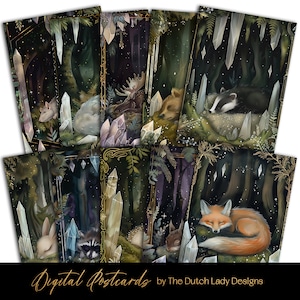 Ansichtkaart en posterset Crystal Forest Animals, betoverende afdrukbare kaartontwerpen, mystieke nachtelijke bostaferelen, kwarts, INSTANT DOWNLOAD