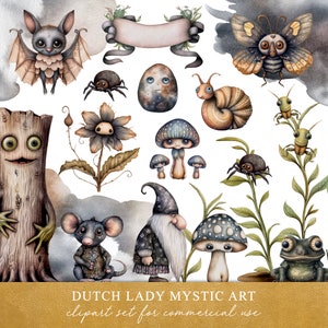 Whimsical Garden Creatures Clipart Set - Grafica ad acquerello strana, scura e carina - Animali, Gnomi, Piante - DOWNLOAD immediato - 25 file PNG