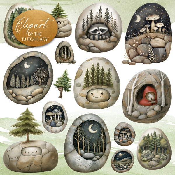 Forest Pebbles Clipart Set - Enchanted Rock Graphics - Little Woodland Fairytale Worlds In Stones - Trees - INSTANT DOWNLOAD - 25 PNG Files
