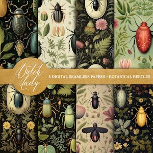 Botanische Käfer Digitale Hintergründe, Scrapbookpapier, Insekt Muster, Dark Academia Designs, 8 JPEG Dateien, INSTANT DOWNLOAD