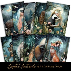Umarmende Tiere Postkarte und Poster Set, druckbares digitales Aquarell Design, Waldnymphen umarmen Tiere, 10 JPEG-Dateien, SOFORT-DOWNLOAD