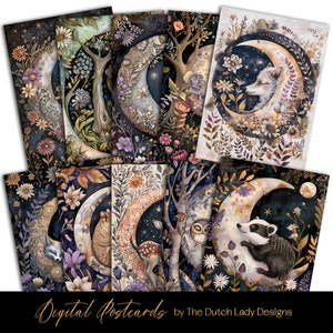 Mondtiere Postkarte und Poster Set, druckbare digitale Kunst, Waldtiere in Boho Moons, botanische Karten, 10 JPEG-Dateien, SOFORT-DOWNLOAD