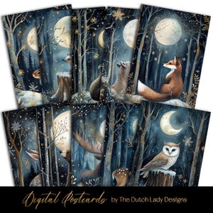 Frostige Waldtiere Postkarten & Poster Set, Winter Woodlands, druckbare Karten Designs, Mondschein Schneeflocken, Weihnachten, SOFORTIGER DOWNLOAD
