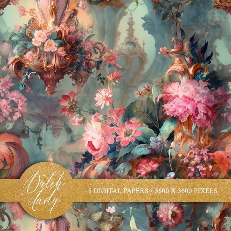 Seamless Rococo wallpaper backgrounds. Set of tileable scrapbook paper with an antique flower and bird wallpaper theme. Digital backgrounds. Multicolor 8 JPEG images in size 3600x3600 pixels for your personal and commercial creative projects.