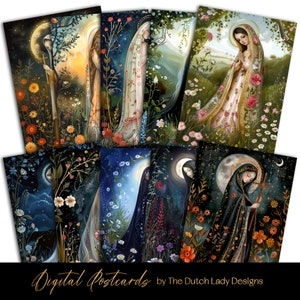 Ansichtkaart en posterset Heilige Maria, religieuze afdrukbare digitale kunst, botanische Mother Mary prints, 10 jpeg-bestanden, INSTANT DOWNLOAD