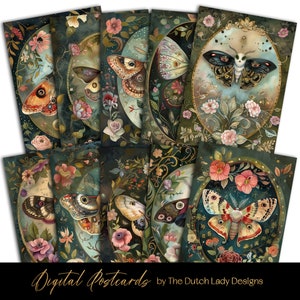 Viktorianische Motten Postkarten, Art Print Set, druckbare Karten Designs, Schmetterling Illustrationen Dark Academia Poster, SOFORTIGER DOWNLOAD