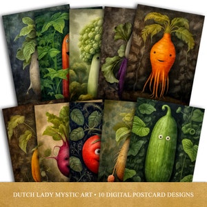 Gemüse Porträts Postkarte und Poster Set - Printable Digital Art Design - Whimsical Weird Veggies - 10 JPEG Dateien - INSTANT DOWNLOAD