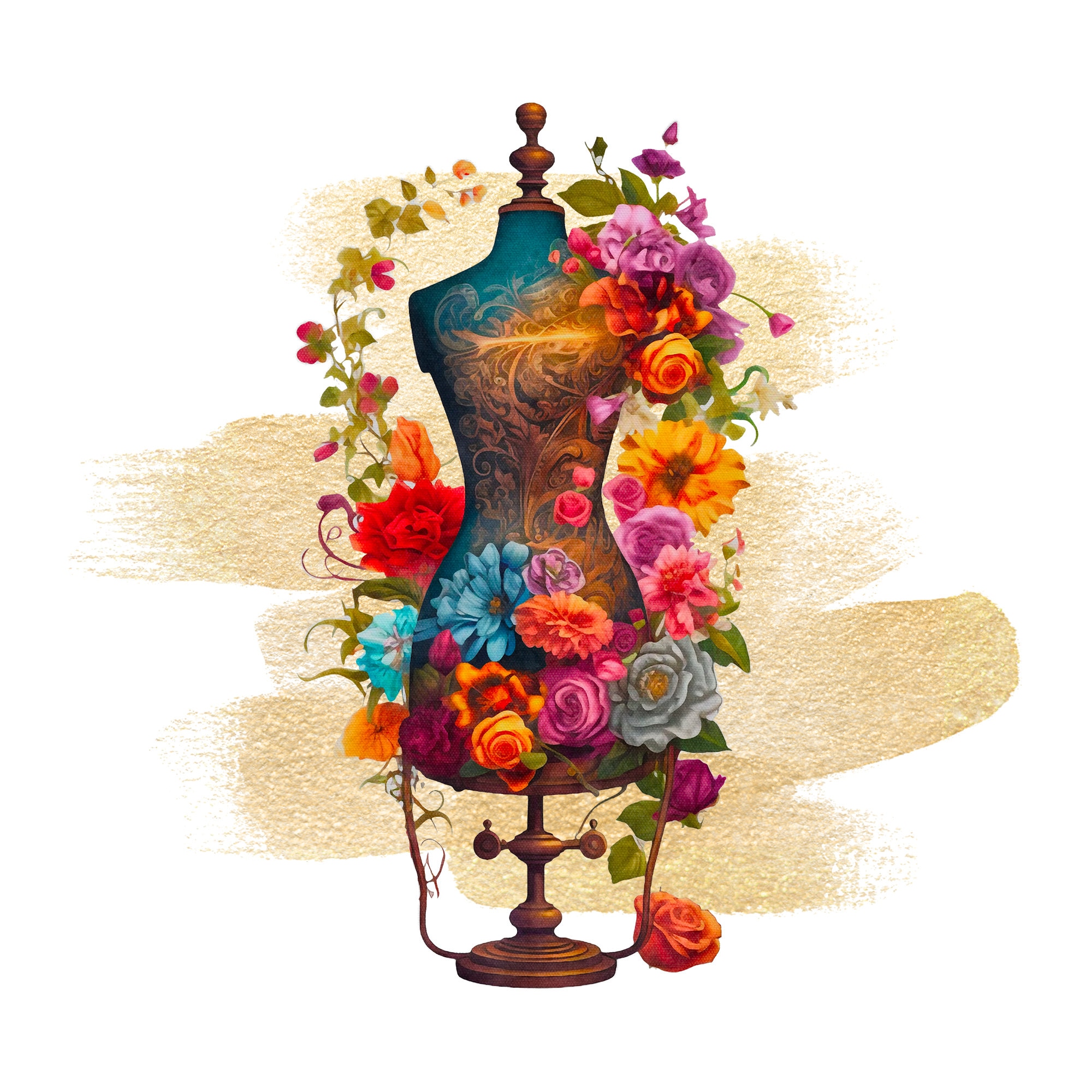 Victorian Seamstress Clipart Set Colorful Floral Digital Images Antique