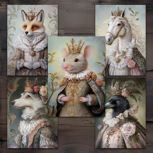 May include: A collection of six regal animal portraits, each adorned with a crown and elaborate attire. The subjects include a fox, a mouse, a horse, a dog, and a raven, all rendered in a classical, painterly style with soft colors and floral accents.