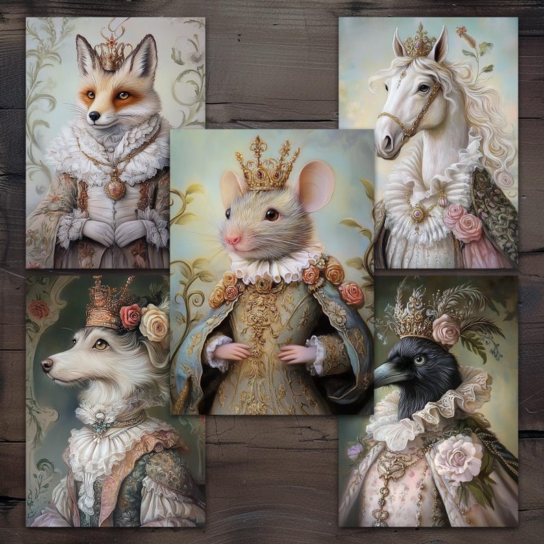 May include: A collection of six regal animal portraits, each adorned with a crown and elaborate attire. The subjects include a fox, a mouse, a horse, a dog, and a raven, all rendered in a classical, painterly style with soft colors and floral accents.