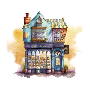 Whimsical shops clipart set. Watercolor style graphics of a cute village high street scene. Shop fronts and greenery. Digital images for personal and commercial creative projects. Set consists of 25 PNG file images with transparent backgrounds.
