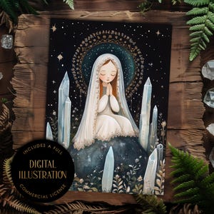 Vierge Marie avec halo, illustration NUMÉRIQUE, mystique et ésotérique, cristaux, conception d'impression d'art religieux, licence commerciale, TÉLÉCHARGEMENT IMMÉDIAT
