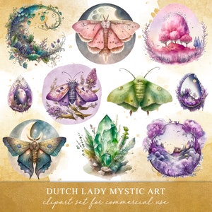 Fantasy Mottenwelten Clipart-Set - Mystische Aquarellmonde, Kristalle, Motten & Landschaften - Feenwelten - SOFORTIGER DOWNLOAD - 25 PNG-Dateien