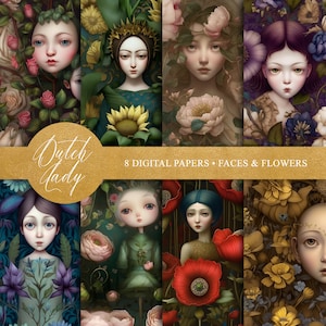 May include: Eight digital papers featuring whimsical illustrations of faces surrounded by flowers. The papers feature a variety of flowers, including sunflowers, roses, peonies, and poppies. The faces are all female and have a delicate, ethereal quality. The papers are perfect for scrapbooking, card making, and other creative projects.