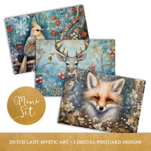 Weihnachtstiere Postkarten Mini Set - Druckbare digitale Designs - Winterferien - Schneeflocken & Stechpalmen - 3 JPEG Dateien - SOFORT DOWNLOAD