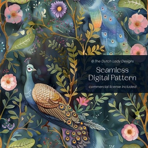 Floral Peacock SEAMLESS Digital Pattern, Laub, Blumen, aneinanderstellbarer Hintergrund, verzauberte Vogel Tapete, Stoffdesign, .JPEG & .PAT File
