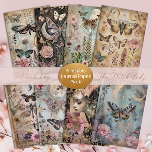 Pacchetto di carta per diario STAMPABILE farfalle e falene, carte per album digitali, fogli di decoupage, kit artigianale, natura botanica, DOWNLOAD IMMEDIATO