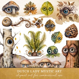The Watching Forest Clipart Set - Weird & Grillige Woodland Graphics - Bomen, Varens, Paddestoelen met Ogen - INSTANT DOWNLOAD - 25 PNG-bestanden