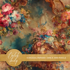 Seamless Rococo wallpaper backgrounds. Set of tileable scrapbook paper with an antique flower and bird wallpaper theme. Digital backgrounds. Multicolor 8 JPEG images in size 3600x3600 pixels for your personal and commercial creative projects.