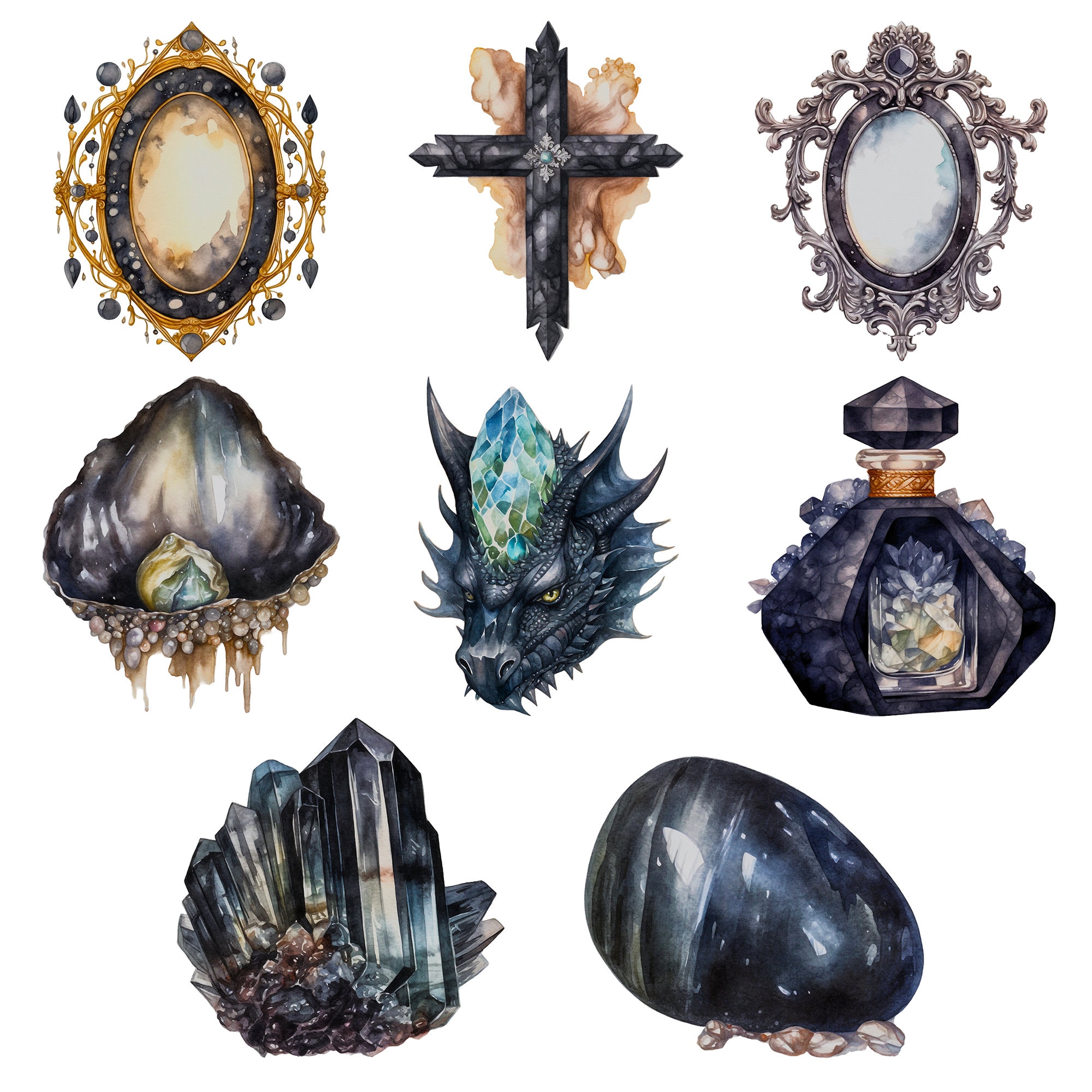 Esoteric Rocks Black Tourmaline Crystal Clipart Set Crystal Stones & Clusters Esoteric ...