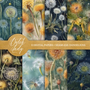 Dandelions Digital Backgrounds - Scrapbook Paper - Seamless Floral Wallpapers - Watercolor Pencil Style - 8 JPEG Files - INSTANT DOWNLOAD