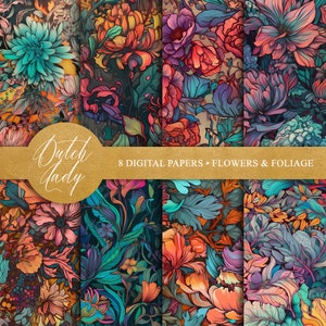 Papel digital floral oscuro: Fondos de flores y follaje sin costuras (8 archivos JPEG - Descarga instantánea)