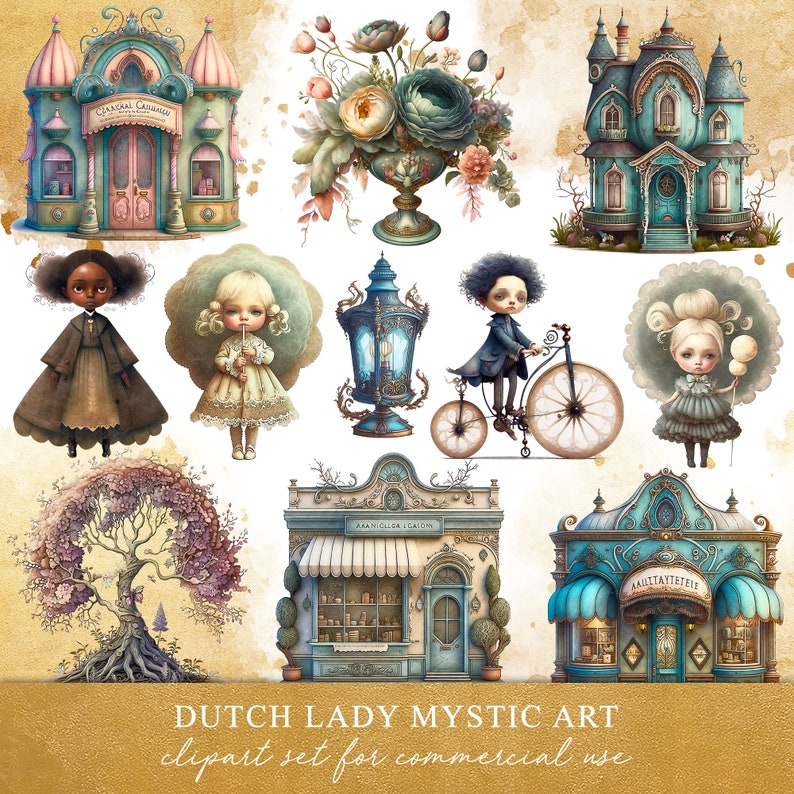 Victorian street life clipart set. Mystical and creepy images of shop fronts, children, flower arrangements, tree, lanterns. Golden watercolor decorations. 25 .PNG file digital images for your personal and commercial creative projects.