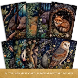 Midnight Animals Postkarte und Poster Set - Druckbare digitale Kunst - Mystische Nacht Wald & Wald - 10 JPEG Dateien - SOFORT DOWNLOAD